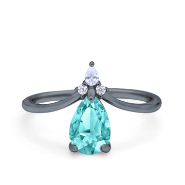 Pear Midi V Ring Wedding Ring Black Tone, Simulated Paraiba Tourmaline CZ 925 Sterling Silver